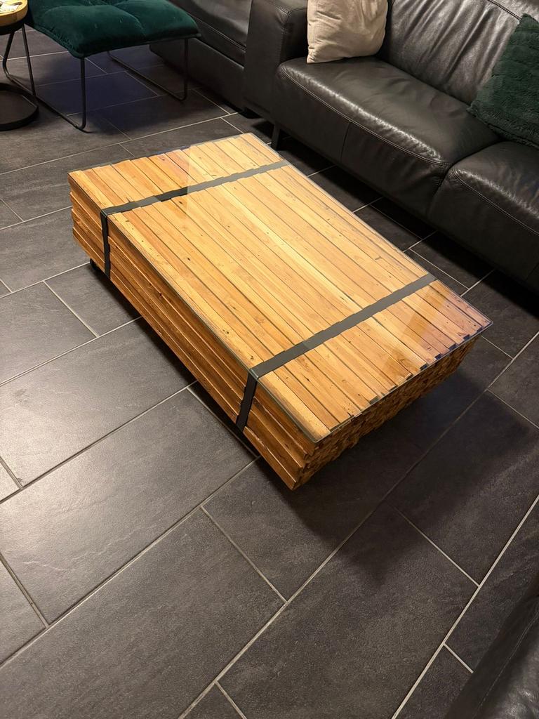 Unieke houten salontafel met glazen blad, Gebruikt, 100 tot 150 cm, Minder dan 50 cm, Rechthoekig