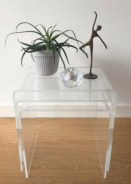 Vintage Mimiset plexiglas  | Michel Dumas | ‘70, Huis en Inrichting, Tafels | Bijzettafels, Zo goed als nieuw, Rechthoekig, Minder dan 45 cm