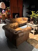 Chesterfield 3 zits bank + Clubfauteuil Cognac kleur Leer, Gebruikt, Driepersoons, Ophalen of Verzenden, Rechte bank
