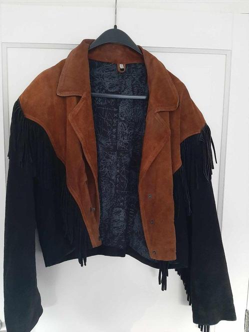 Suède cowboy jasje met franjes, maat L!, Kleding | Dames, Jasjes, Kostuums en Pakken, Gedragen, Jasje, Maat 42/44 (L), Overige kleuren