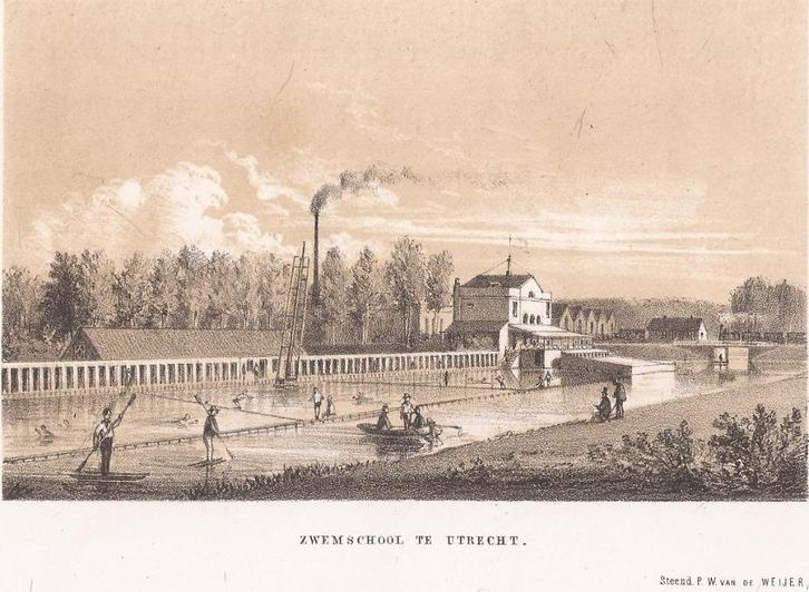 Zwemschool te Utrecht Litho P.W. v.d. Weijer 1853, Antiek en Kunst, Kunst | Etsen en Gravures, Ophalen of Verzenden
