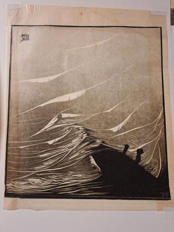 Originele Houtsnede - Abstract zeegezicht  beschikbaar voor biedingen