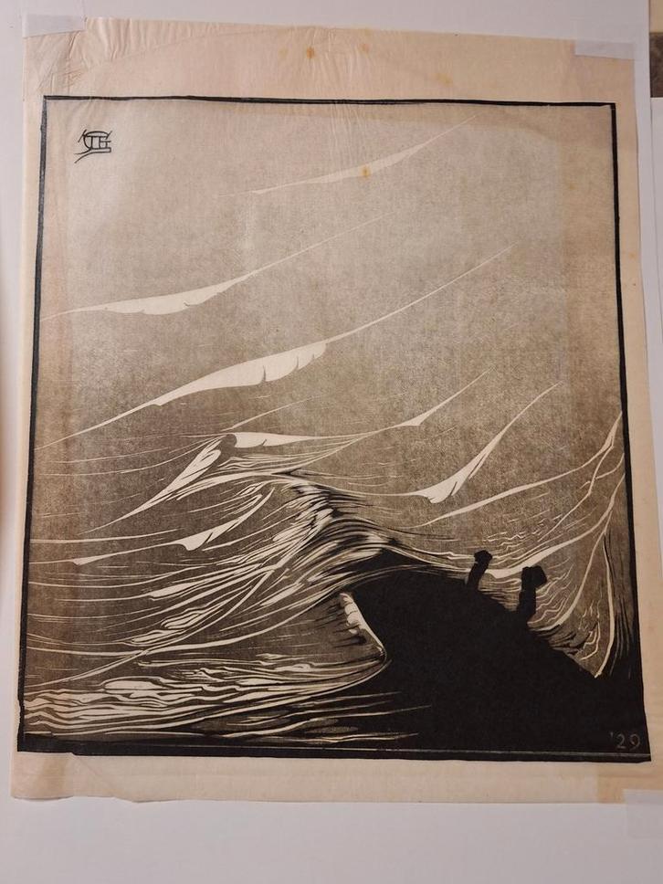 Originele Houtsnede - Abstract zeegezicht, Antiek en Kunst, Kunst | Etsen en Gravures, Ophalen of Verzenden