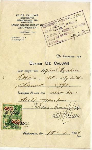 Oude rekening van Doctor De Caluwe -800 B.Fr.-1944 tax-zegel beschikbaar voor biedingen