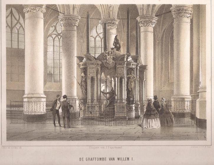 Delft. De Graftombe van Willem I. Litho. ca. 1858, Antiek en Kunst, Kunst | Etsen en Gravures, Ophalen of Verzenden