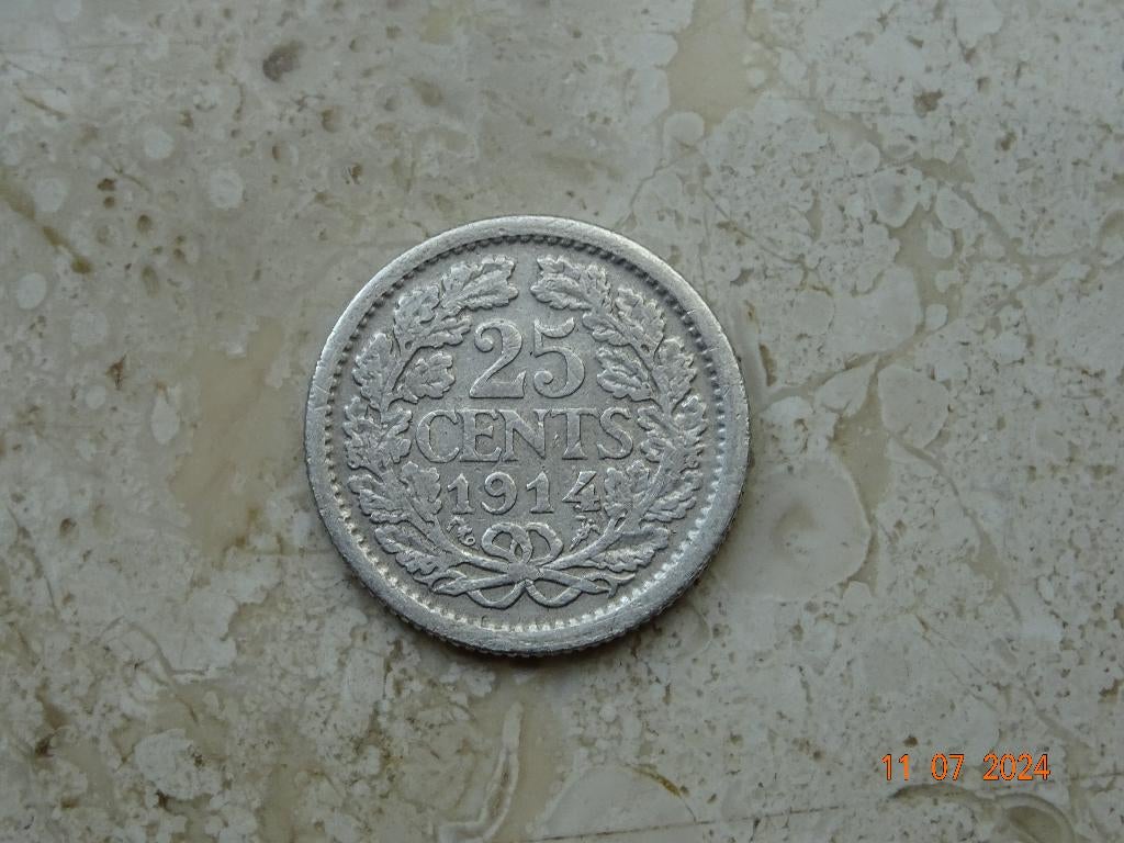 25 cent 1914, Postzegels en Munten, Munten | Nederland, Zilver, 25 cent, Ophalen of Verzenden, Koningin Wilhelmina
