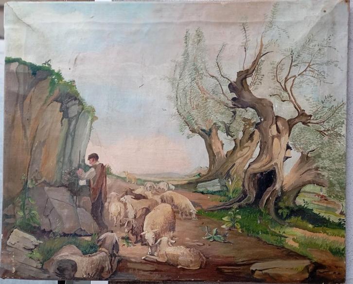 Vintage olieverfschilderij - Herder met kudde, Antiek en Kunst, Kunst | Schilderijen | Klassiek, Ophalen of Verzenden