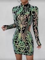 Designer jurk uniek xs s m l 34 36 38 40 glimmend groen goud, Verzenden, Nieuw, Maat 36 (S), Onder de knie