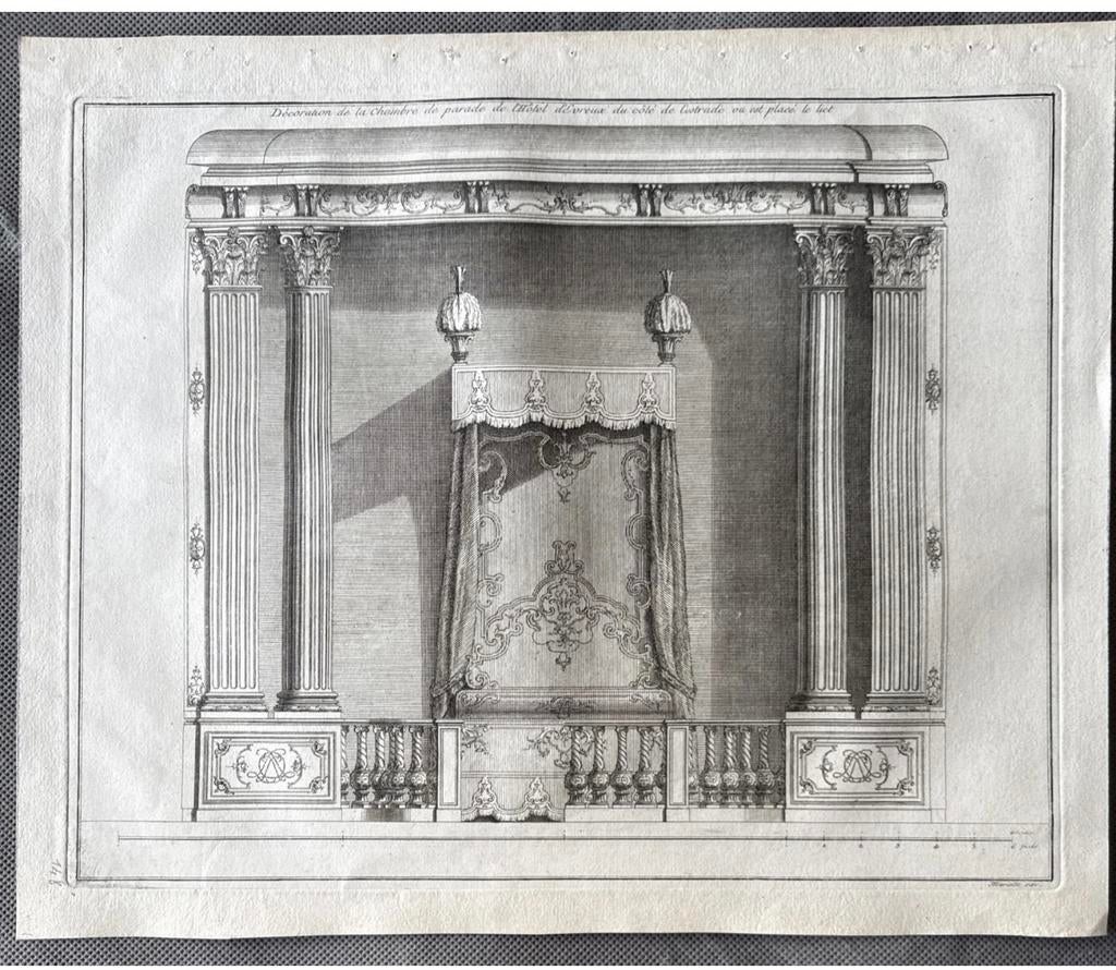 18thC.Architectural Engraving bed alcove framed by grand, Ophalen of Verzenden