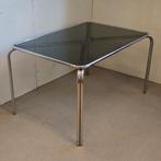 Vintage space age buisframe chroom glas eettafel, Ophalen, Gebruikt, 100 tot 150 cm, Onbekend