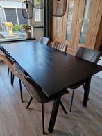 Zwarte eettafel massief eikenhout blad/metalen poten 200x90, 4 tot 6 stoelen, Zo goed als nieuw, Ophalen