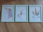 3x Eenhoorn Prints met Lijst, Huis en Inrichting, Woonaccessoires | Schilderijen, Tekeningen en Foto's, Minder dan 50 cm, Ophalen of Verzenden
