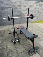 Domyos bench press set + gewichten, Ophalen, Zo goed als nieuw, Fitnessbank