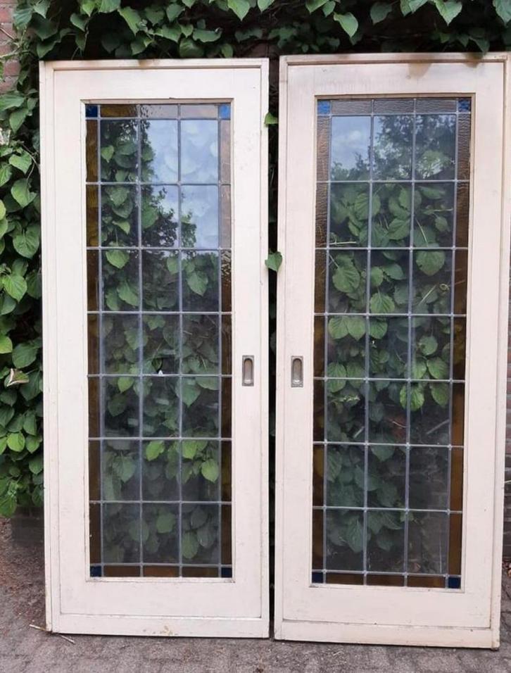 Antieke Ensuite Deuren (75+ jaar) met Glas in Lood, Doe-het-zelf en Verbouw, Deuren en Horren, Gebruikt, Binnendeur, 200 tot 215 cm