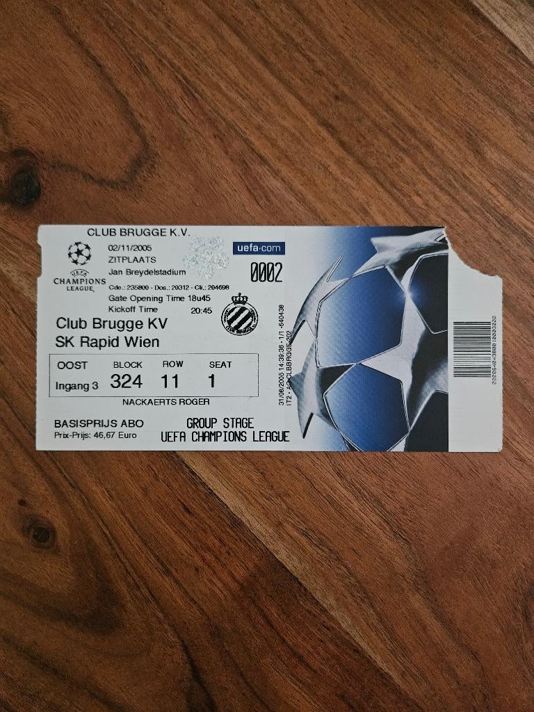 ⚽ Ticket CL Club Brugge - Rapid Wien 2004/2005 ⚽, Ophalen of Verzenden, Zo goed als nieuw, Buitenlandse clubs, Overige typen