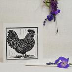 Dubbele wenskaart 15x15 cm. met envelop. kip, linosnede, Ophalen of Verzenden, Nieuw