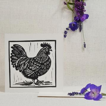 Dubbele wenskaart 15x15 cm. met envelop. kip, linosnede beschikbaar voor biedingen