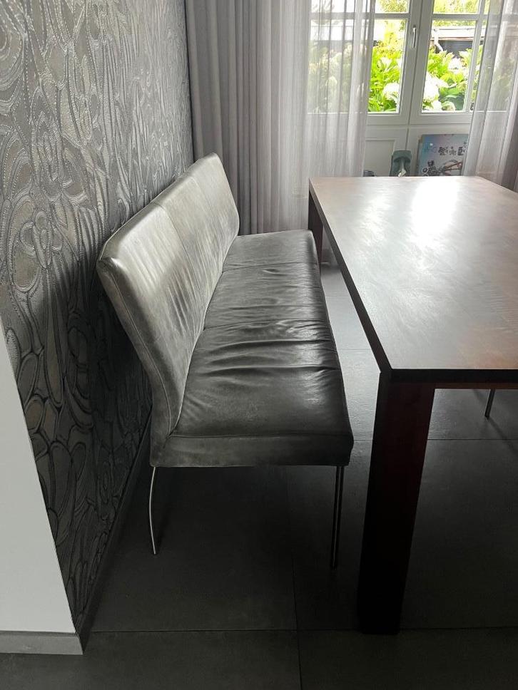 Eettafelbank grijs leer 205 cm, Huis en Inrichting, Banken | Sofa's en Chaises Longues, Gebruikt, Driepersoons, 200 tot 250 cm