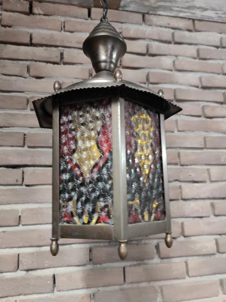 Antieke koperen hanglamp / glas in lood / Amsterdamse school, Antiek en Kunst, Antiek | Lampen, Ophalen of Verzenden