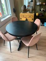 Ronde Zwarte Eettafel met 4 roze velour stoelen, Ophalen, Gebruikt, 100 tot 150 cm, Rond