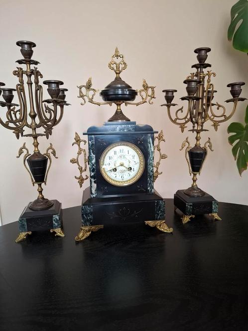 Antieke klok en garnituurset 3 delig marmer ca.1880, Antiek en Kunst, Antiek | Klokken, Ophalen