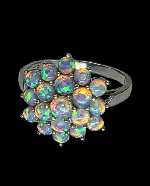 Zilveren Design Ring met kleurrijke Opaal steentjes, Sieraden, Tassen en Uiterlijk, Ringen, Zo goed als nieuw, Dame, 18 tot 19