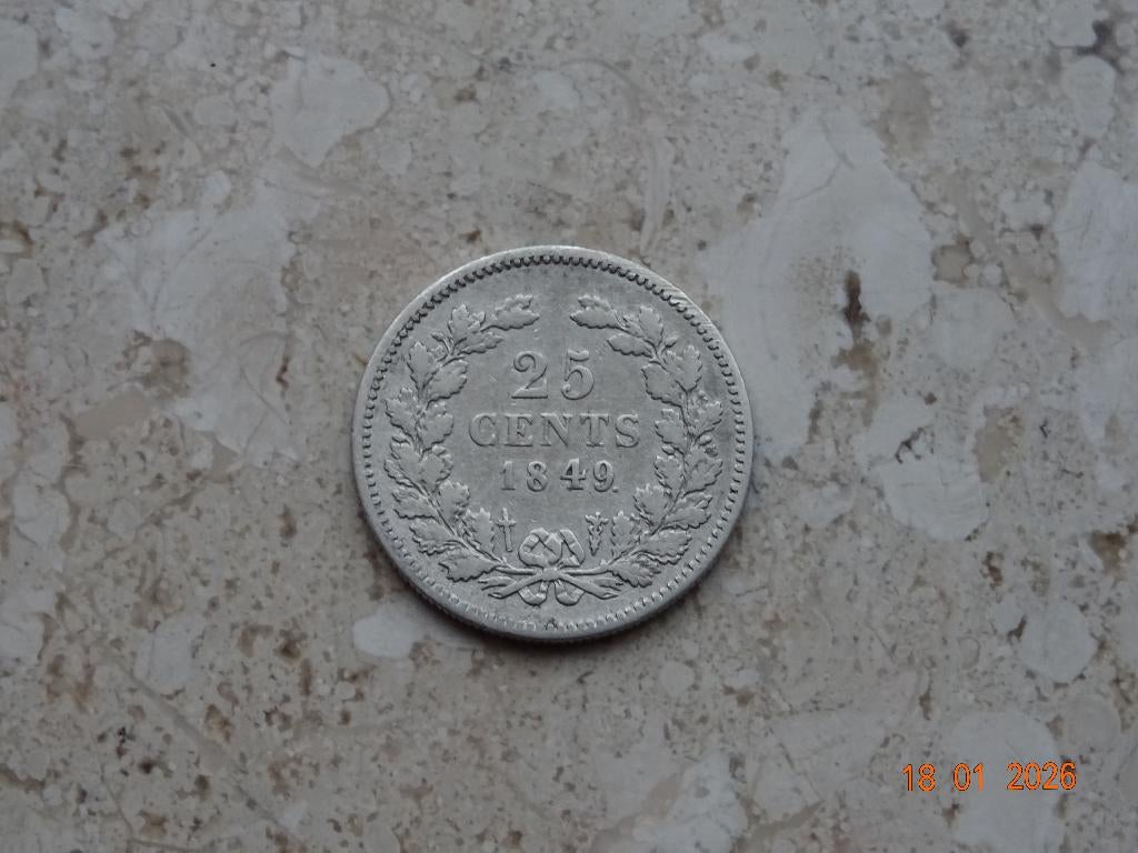 25 cent 1849 Willem III, Postzegels en Munten, Munten | Nederland, Koning Willem III, Verzenden, Zilver, 25 cent