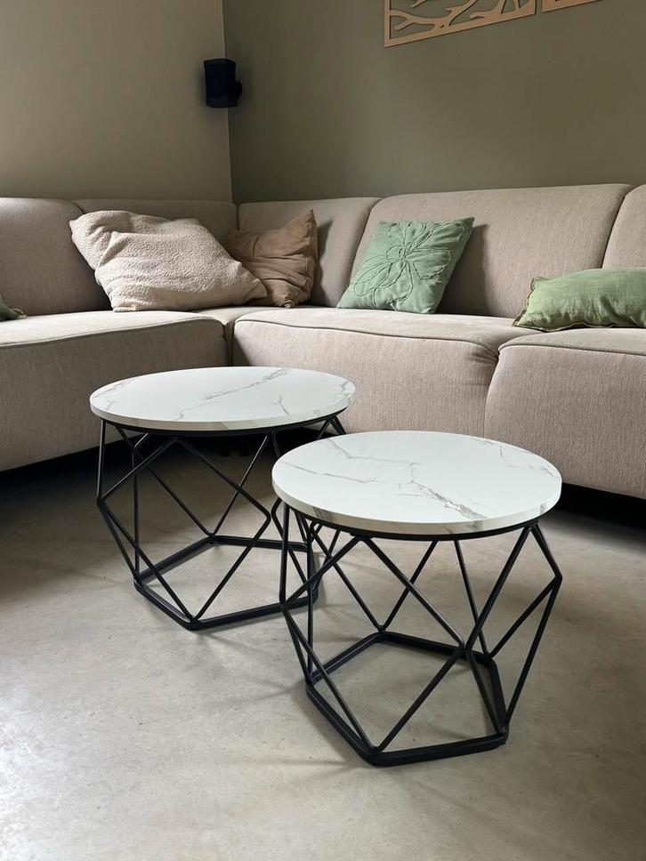 Marmeren Salontafeltjes Set - Zwart Frame, Huis en Inrichting, Tafels | Bijzettafels, Nieuw, Rond, Minder dan 45 cm, Minder dan 55 cm