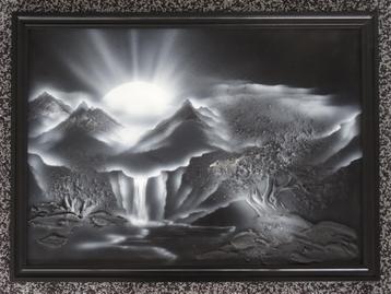Reliëf schilderij, landschap bergen en waterval, nieuwstaat beschikbaar voor biedingen