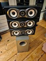 basreflex box van Tannoy + 3 onkyo surround speakers, Zo goed als nieuw, 60 tot 120 watt, Front, Rear of Stereo speakers, Ophalen