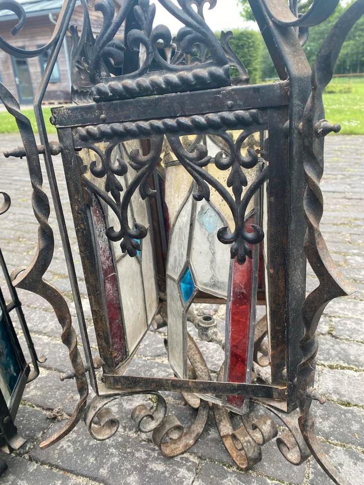 Twee antieke lantaarns met glas in lood, Antiek en Kunst, Antiek | Lampen, Ophalen of Verzenden