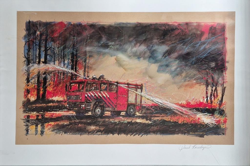 Schilderij van een brandweerwagen, Antiek en Kunst, Ophalen of Verzenden