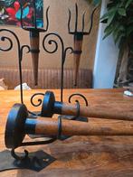 4x Grote Kaarsenhouder, Kandelaar. Gietijzer + Hout, Ophalen of Verzenden