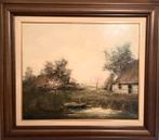 Olieverf schilderij op doek met landschap en bootje, Ophalen, Gebruikt, Schilderij, 75 cm of meer