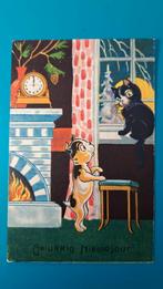 Hond poes kat avond maan klok haard - gelukkig Nieuwjaar, Ophalen of Verzenden, 1920 tot 1940, Gelopen, Hond of Kat