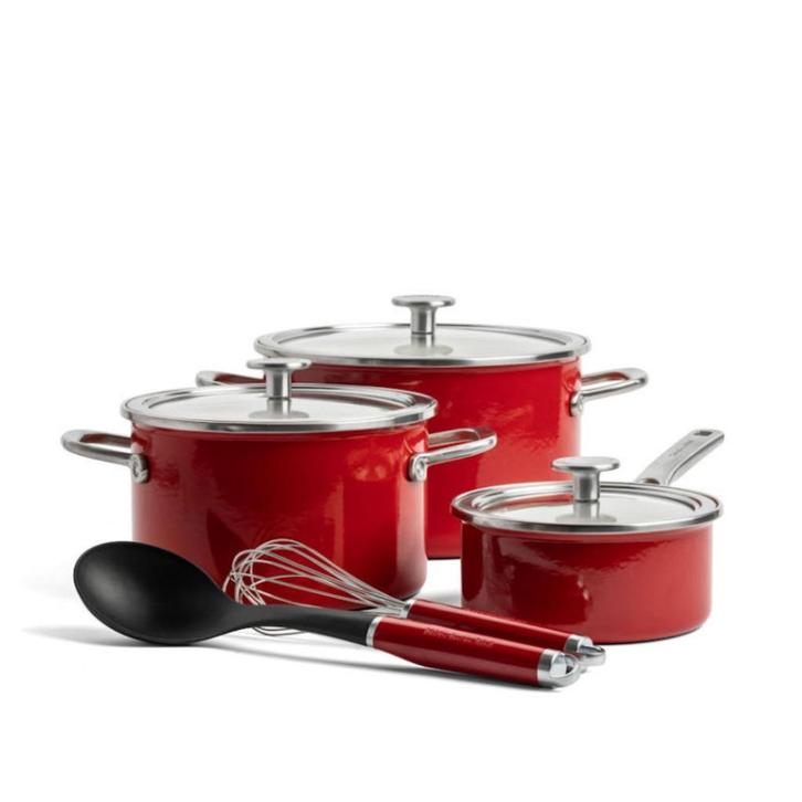 KitchenAid Steel Core Enamel 8-Piece Pan Set CC004920-001, Huis en Inrichting, Keuken | Potten en Pannen, Nieuw, Koekenpan of Braadpan