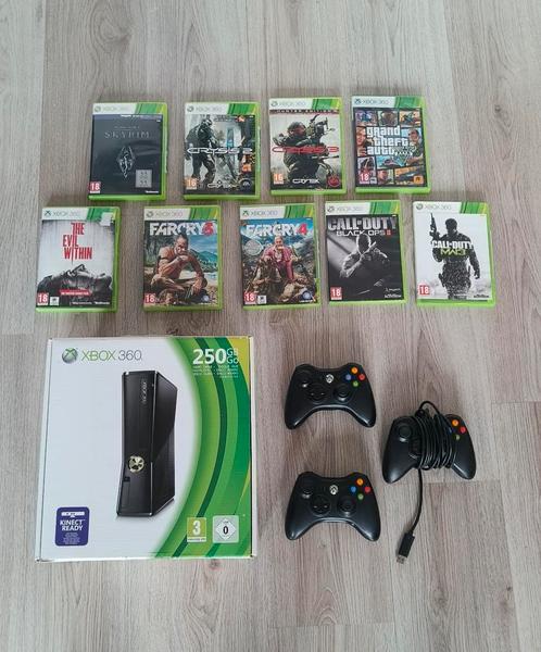 Xbox 360 250GB + 3 Controllers + Games, Spelcomputers en Games, Spelcomputers | Xbox 360, Gebruikt, 250 GB, 360 S, Met 3 controllers of meer