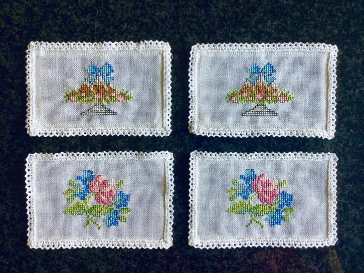 Borduurwerk, zijde, bloem, roos, vintage, vier voor € 10, Hobby en Vrije tijd, Borduren en Borduurmachines, Ophalen