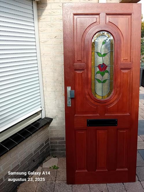 Hardhouten deur met glas en lood thermopane, Doe-het-zelf en Verbouw, Deuren en Horren, Zo goed als nieuw, Buitendeur, 200 tot 215 cm