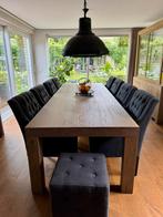 8pers Rustiek Eiken Eettafel + 8 stoelen en 2 hockers zwart, Ophalen, Gebruikt, 100 tot 150 cm, Eikenhout