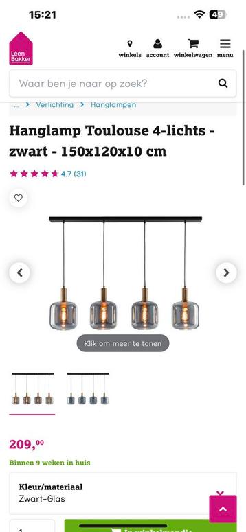 Hanglamp Toulouse 4-lichts Zwart-Glas beschikbaar voor biedingen