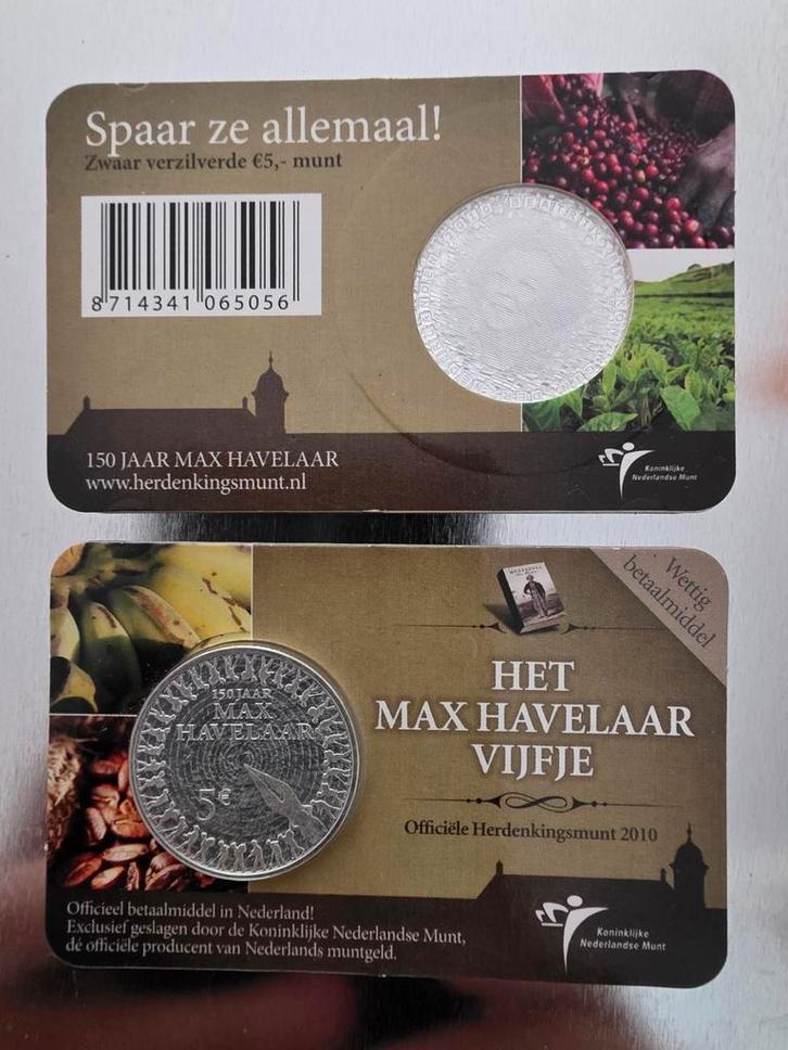 2stuks Max Havelaar Vijfje 2010 - Officiële Herdenkingsmunt, Postzegels en Munten, Munten | Nederland, Losse munt, Euro's, Koningin Beatrix
