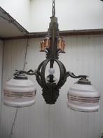 antieke aparte koperen art deco hanglamp met glas elementen, Ophalen