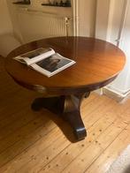 Antieke ronde tafel, mahoniefineer op eiken., Ophalen, Gebruikt, 100 tot 150 cm, Hollands antiek
