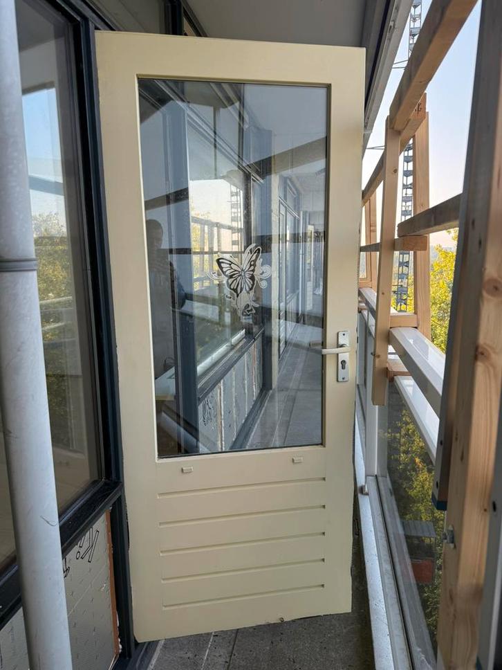 Buitendeur hardhout dubbelglas 201,5 x 83, Doe-het-zelf en Verbouw, Deuren en Horren, Zo goed als nieuw, Buitendeur, 200 tot 215 cm