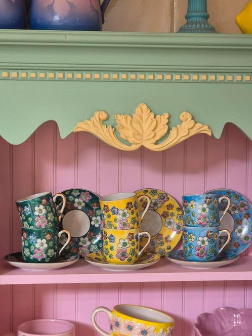 vintage litophane geisha espresso kop en schotels bloemetjes, Antiek en Kunst, Antiek | Servies los, Ophalen of Verzenden