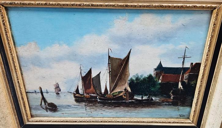 50x40cm ANTIEK ERFENIS havengezicht voor de kust scheveninge, Antiek en Kunst, Kunst | Schilderijen | Klassiek, Ophalen