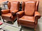 Set van 2 Cognac Leren Oorfauteuils, Ophalen, Gebruikt, 75 tot 100 cm, Leer