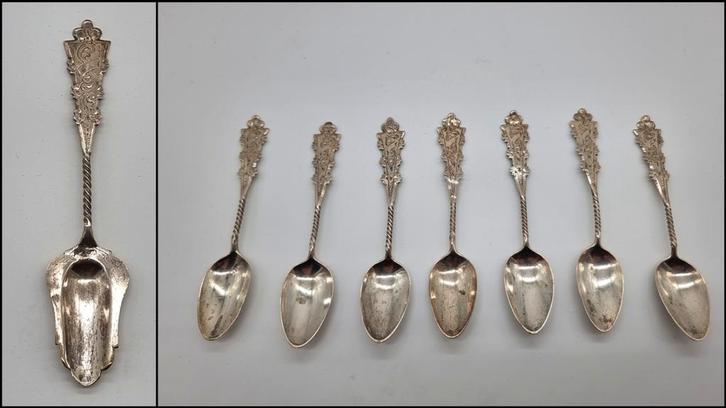 Suikerlepel + 7 biedermeier lepeltjes zilver, Antiek en Kunst, Antiek | Bestek, Ophalen of Verzenden