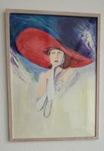 Schilderij vrouw met rode hoed in houten lijst BxH 49x67cm i, Antiek en Kunst, Ophalen of Verzenden